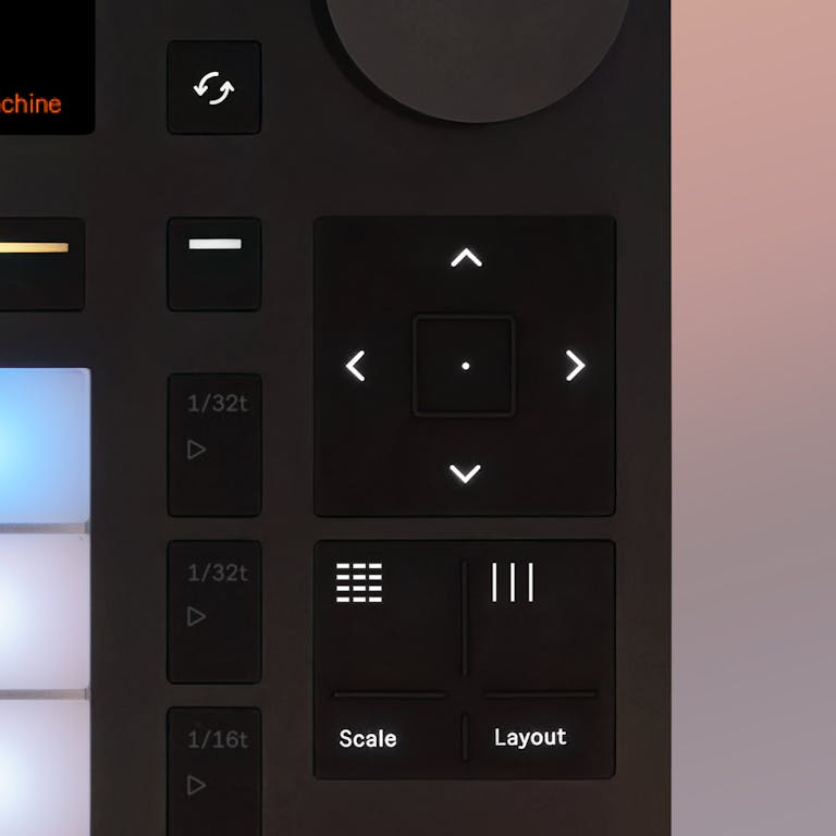 Detail shot of the right side of Push showing the side arrows, Note Mode button and Session View Mode button.
